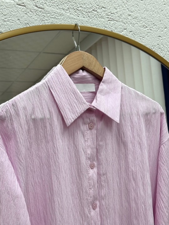 Çiğdem Çizgili Keten Karışımlı Oversize Kadın Gömlek-ZN1174 Pembe