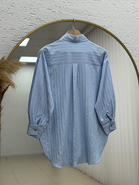 Çiğdem Çizgili Keten Karışımlı Oversize Kadın Gömlek-ZN1174 Bebe Mavisi