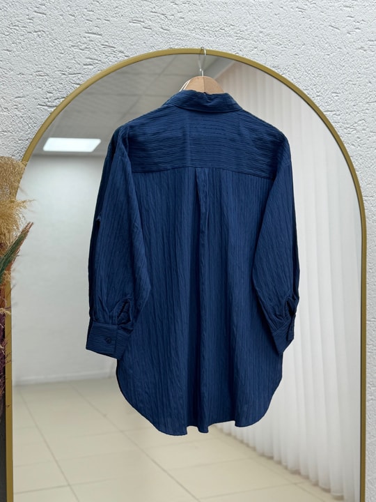 Çiğdem Çizgili Keten Karışımlı Oversize Kadın Gömlek-ZN1174 Lacivert