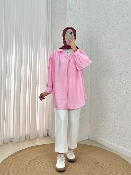 Çilek Omuz Büzgülü Gizli Patlı Balon Kol Gömlek-NA769 Pembe