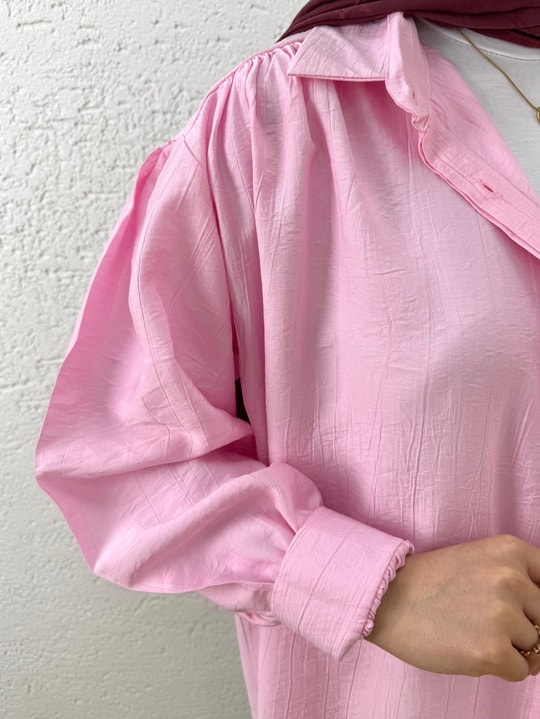 Çilek Omuz Büzgülü Gizli Patlı Balon Kol Gömlek-NA769 Pembe