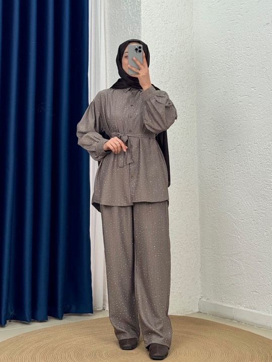 Çisem Taşlı Pantolonlu Çilek Takım-NA3435 Vizon