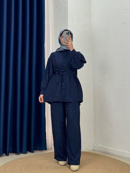 Çisem Taşlı Pantolonlu Çilek Takım-NA3435 Lacivert