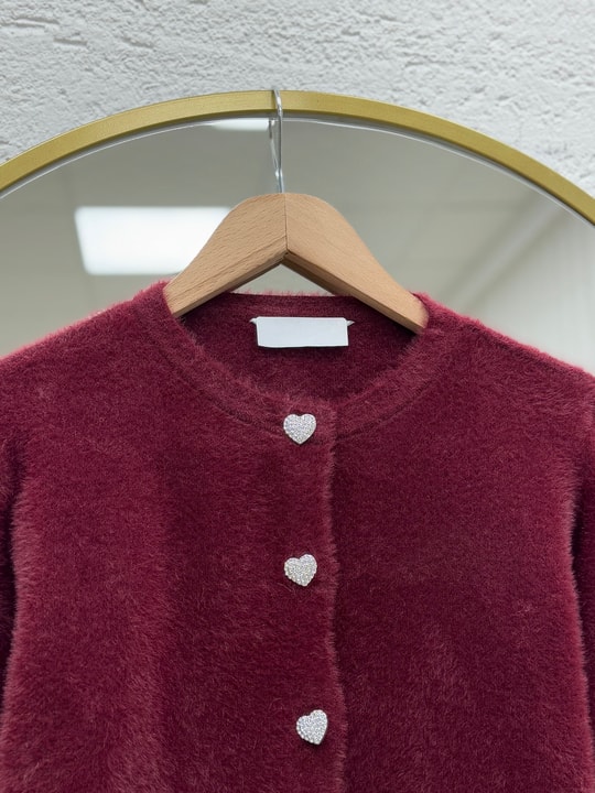 Davuna Kalp Düğmeli Mini Hırka-KR3194 Bordo