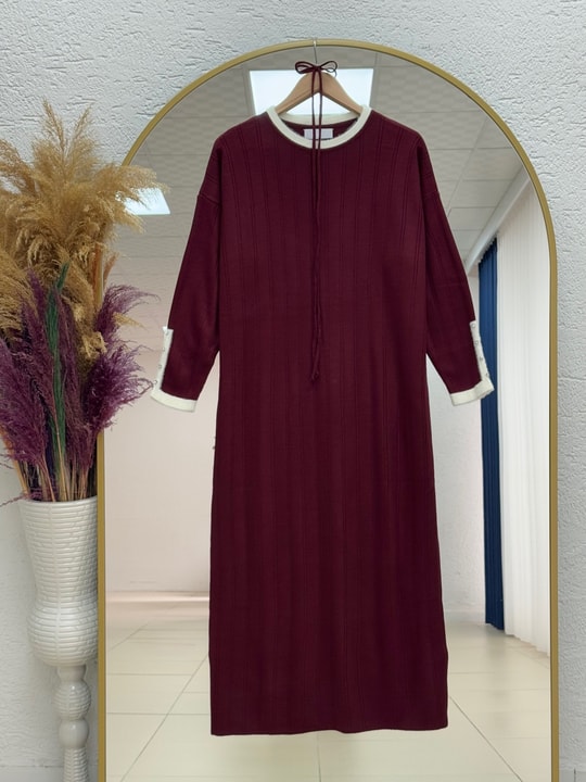 Delasya Kol Ucu Taşlı Kendinden Fitilli Sakallı Elbise-KR5022 Bordo