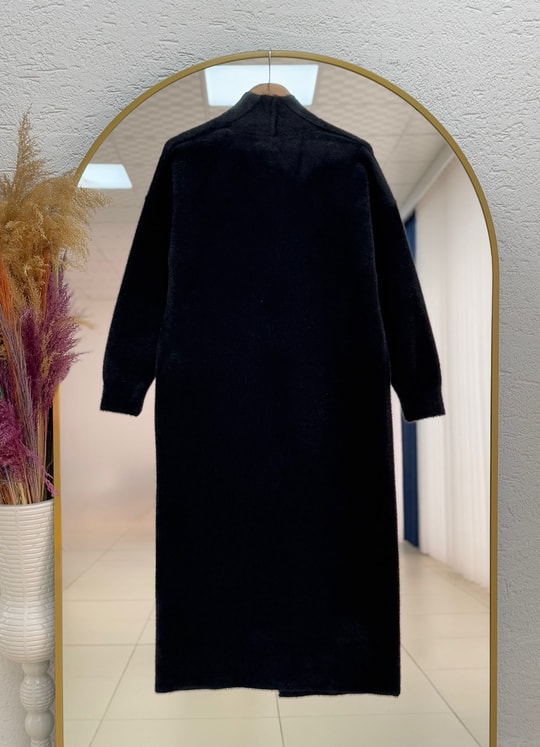 Deledra Sakallı Uzun Hırka-KR5025 Siyah