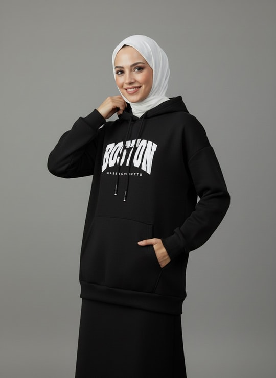Delora Boston Yazılı Kapşonlu 3 İp Sweat-CI9852 Siyah
