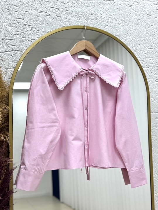 Devrim Yaka Dantelli Kısa Gömlek-BN4598 Pembe