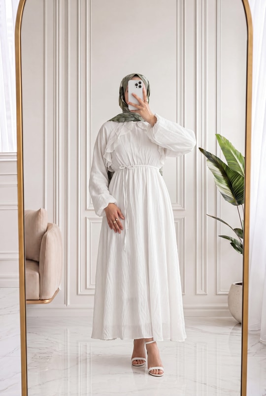 Dilgenur Omzu Fırfırlı Şifon Elbise-BN4635 Beyaz