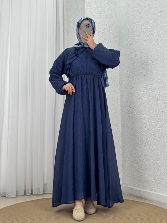 Dilgenur Omzu Fırfırlı Şifon Elbise-BN4635 Lacivert