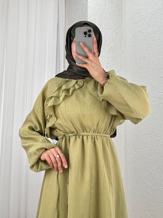 Dilgenur Omzu Fırfırlı Şifon Elbise-BN4635 Yağ Yeşili