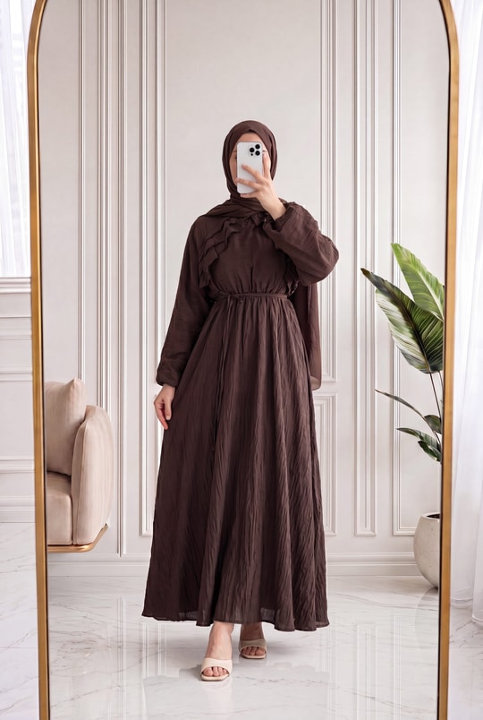 Dilgenur Omzu Fırfırlı Şifon Elbise-BN4635 Kahve