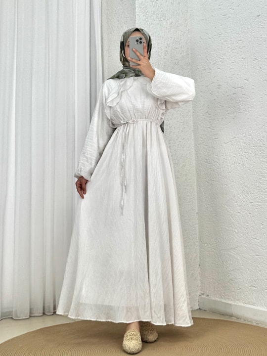 Dilgenur Omzu Fırfırlı Şifon Elbise-BN4635 Beyaz