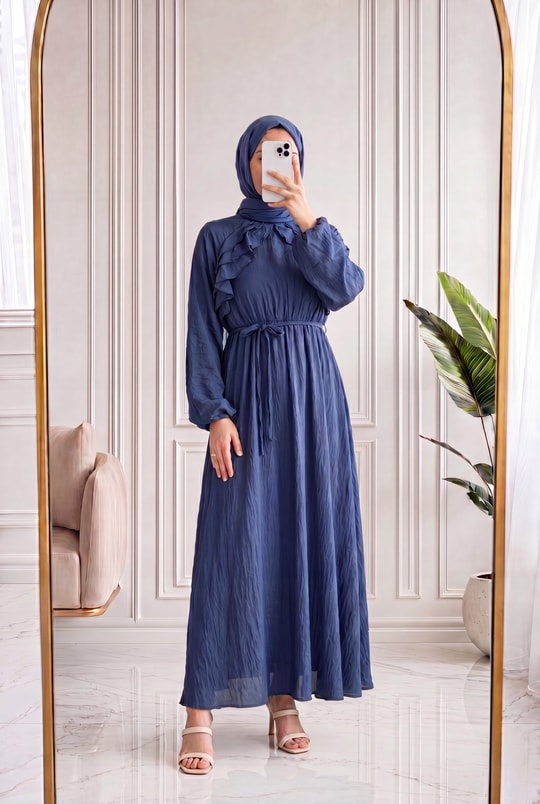 Dilgenur Omzu Fırfırlı Şifon Elbise-BN4635 Lacivert
