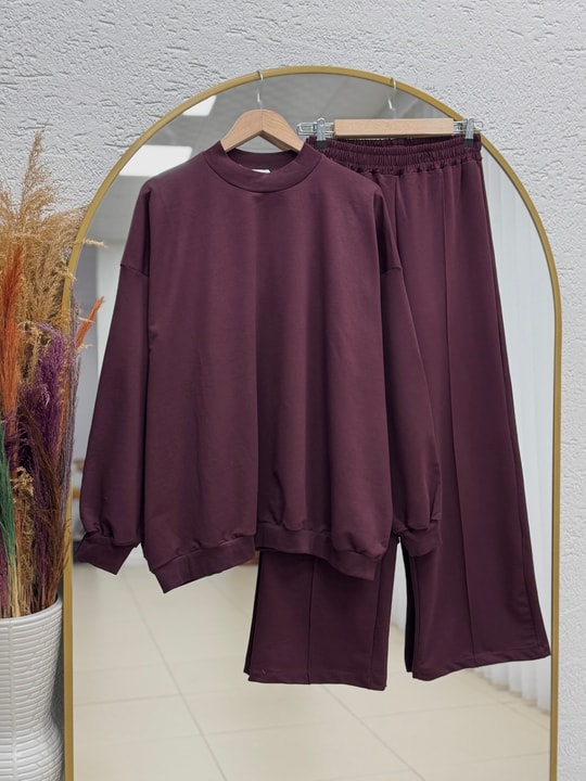 Dilşah Bol Sweat İki İplik Pantolonlu Takım-NL222 Bordo