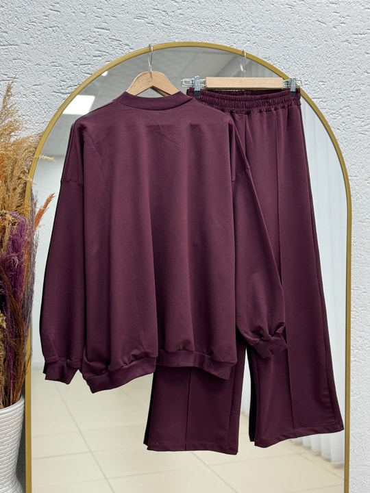 Dilşah Bol Sweat İki İplik Pantolonlu Takım-NL222 Bordo