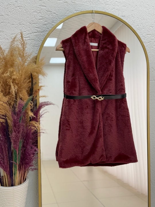 Elham Kemerli Peluş Yelek-BN8468 Bordo