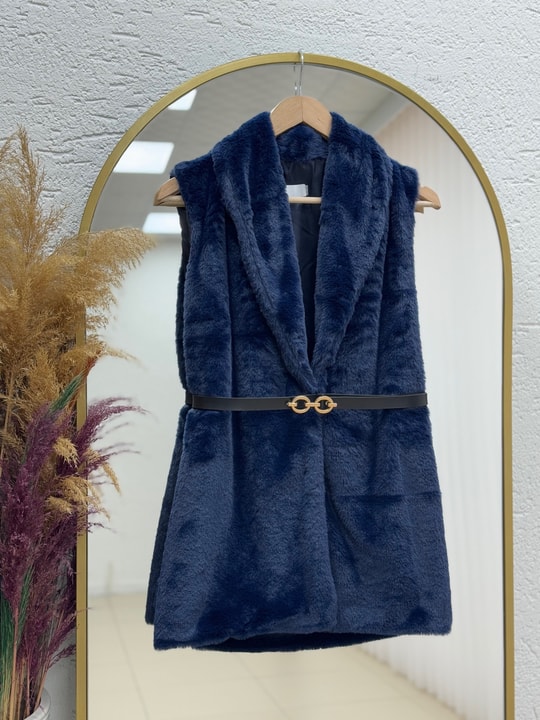 Elham Kemerli Peluş Yelek-BN8468 Lacivert
