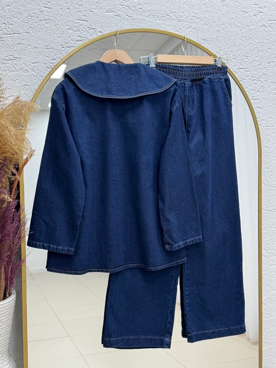 Elifnur Bebe Yaka Pantolonlu Kot Takım-LS5424 Kot Rengi