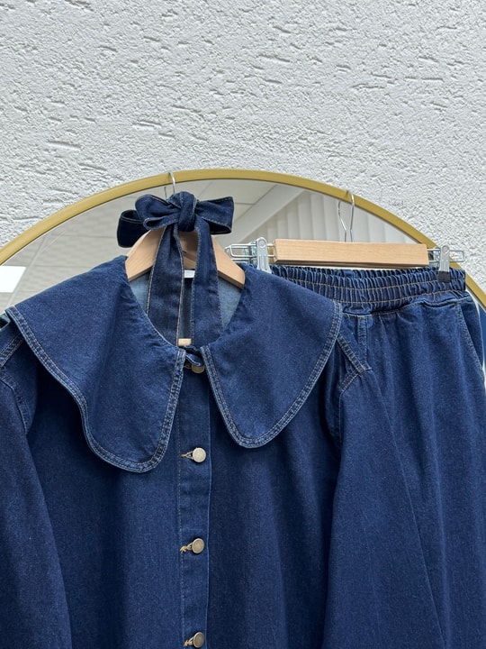 Elifnur Bebe Yaka Pantolonlu Kot Takım-LS5424 Kot Rengi