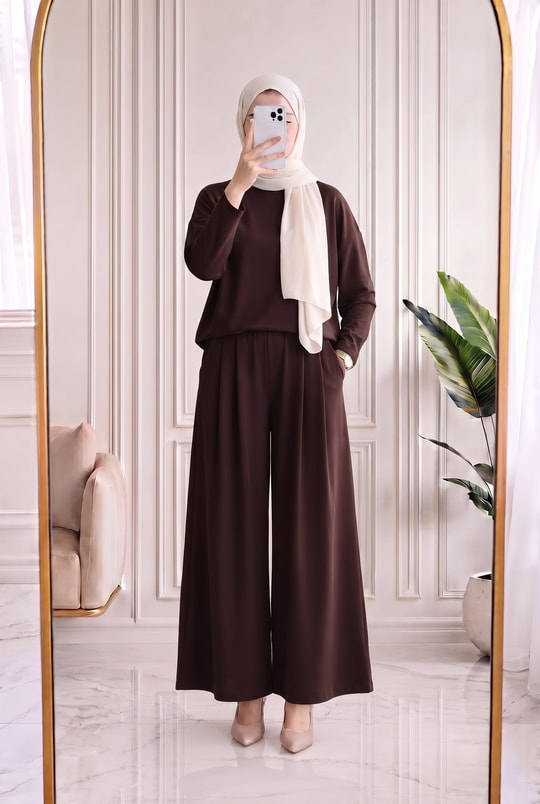 Elvanur Geniş Paça Yırtmaçlı Takım-MF1920 Kahve
