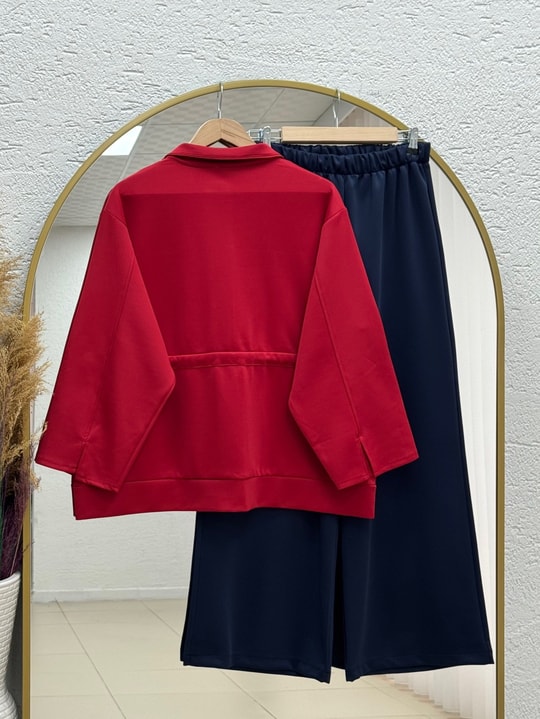 Elvira Gold Düğmeli Şerit Detaylı Pantolonlu Takım-PN3271 Kırmızı