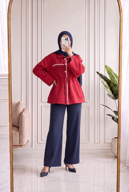 Elvira Gold Düğmeli Şerit Detaylı Pantolonlu Takım-PN3271 Kırmızı