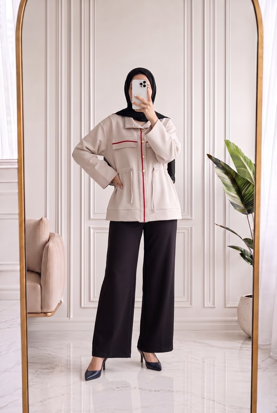 Elvira Gold Düğmeli Şerit Detaylı Pantolonlu Takım-PN3271 Taş