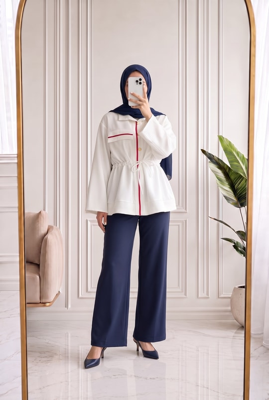 Elvira Gold Düğmeli Şerit Detaylı Pantolonlu Takım-PN3271 Beyaz
