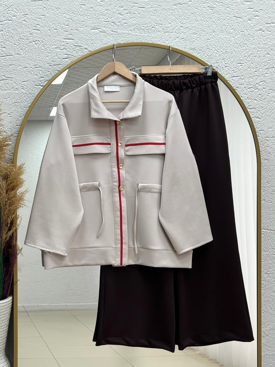 Elvira Gold Düğmeli Şerit Detaylı Pantolonlu Takım-PN3271 Taş