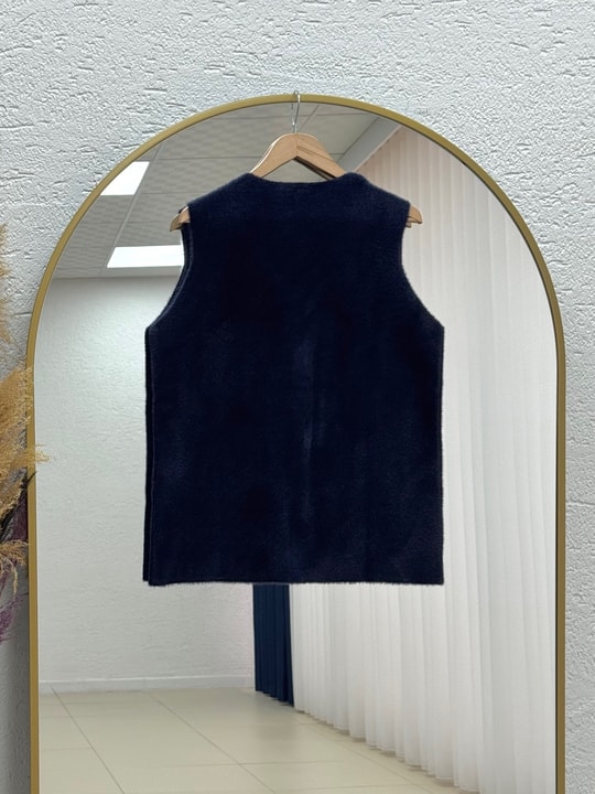 Enuna Gold Düğmeli Angora Yelek-KR5028 Lacivert