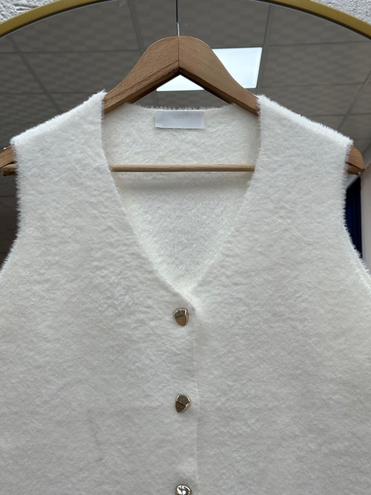 Enuna Gold Düğmeli Angora Yelek-KR5028 Beyaz