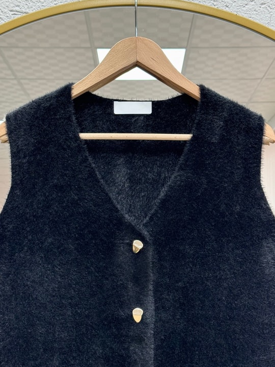 Enuna Gold Düğmeli Angora Yelek-KR5028 Siyah