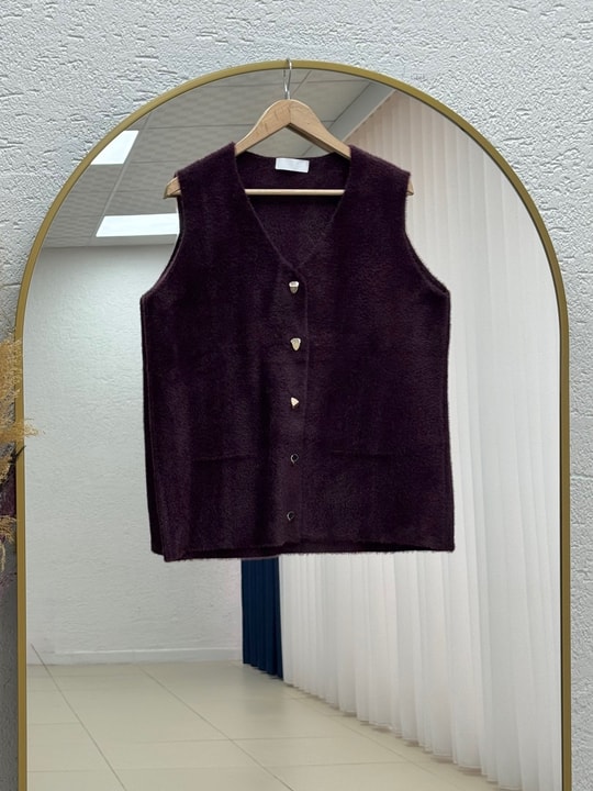 Enuna Gold Düğmeli Angora Yelek-KR5028 Mürdüm