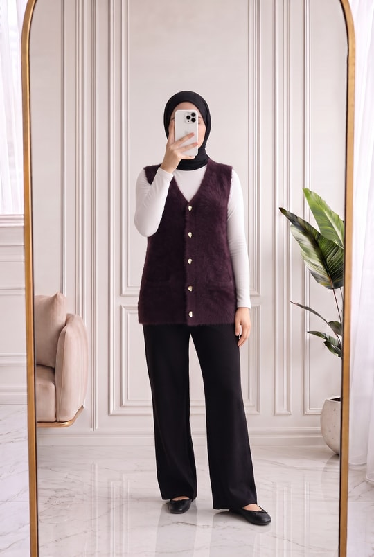 Enuna Gold Düğmeli Angora Yelek-KR5028 Mürdüm