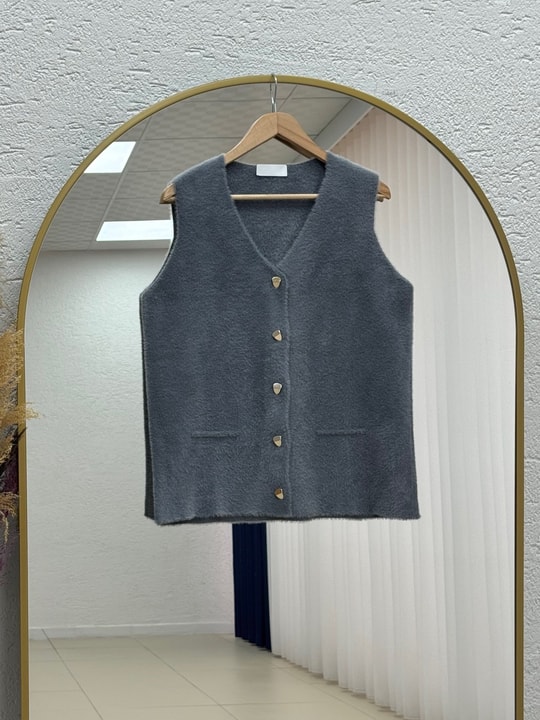 Enuna Gold Düğmeli Angora Yelek-KR5028 Antrasit