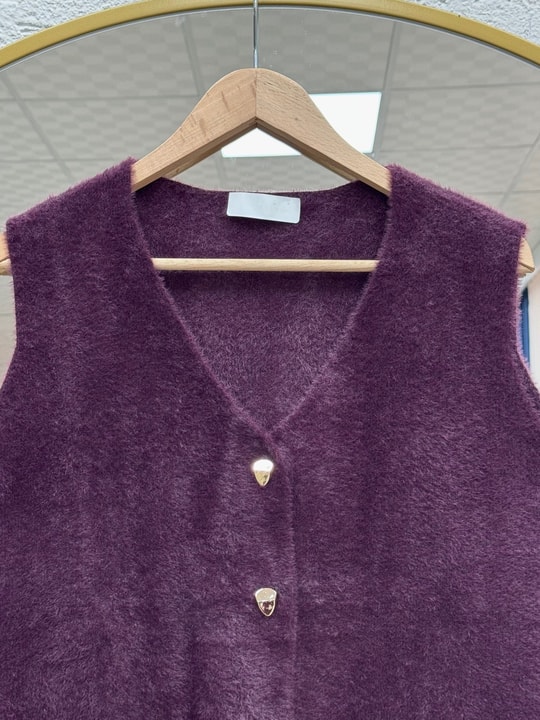Enuna Gold Düğmeli Angora Yelek-KR5028 Mürdüm