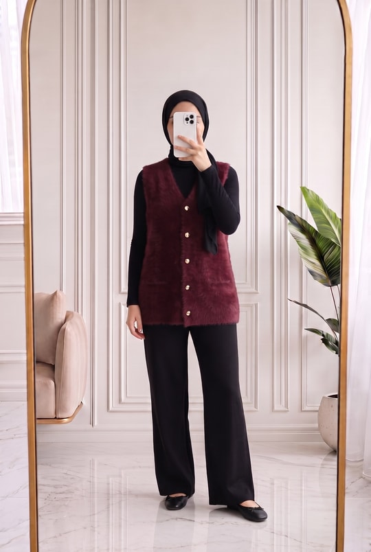 Enuna Gold Düğmeli Angora Yelek-KR5028 Bordo