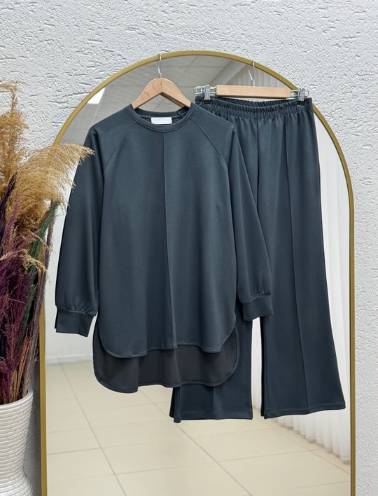 Evrenay Önü Ve Kolu Dikişli Altı Oval Pantolonlu Takım-MF1879 Antrasit