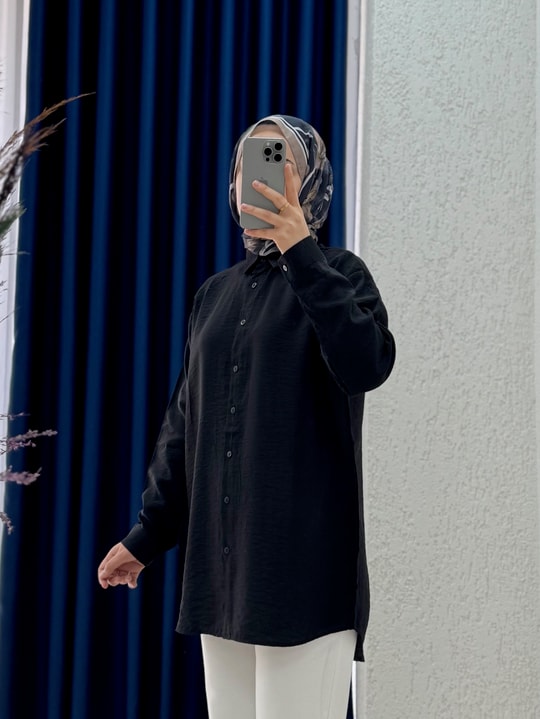 Evsa Oversize Ense Düğmeli Gömlek-NA689 Siyah