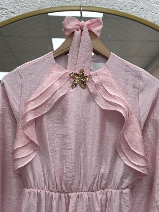 Eyginay Önü Fırfırlı Ve Tokalı Elbise-PA9898 Pembe