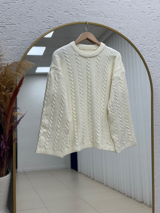 Fabia Örgülü Triko Kazak-Zİ7030 Ekru