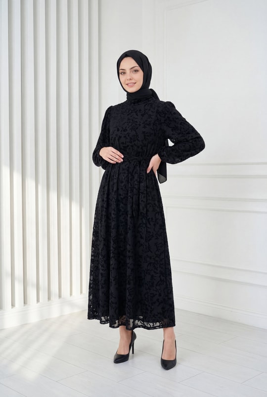 Fadime Hakim Yaka Desenli Flok Elbise-EK124.5.EK799 Siyah