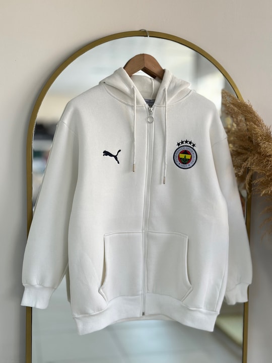 Fenerbahçe Logolu Üç İp Kapşonlu Hırka-CI1530 Beyaz