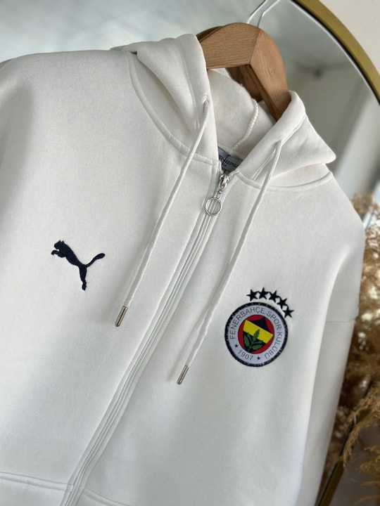 Fenerbahçe Logolu Üç İp Kapşonlu Hırka-CI1530 Beyaz