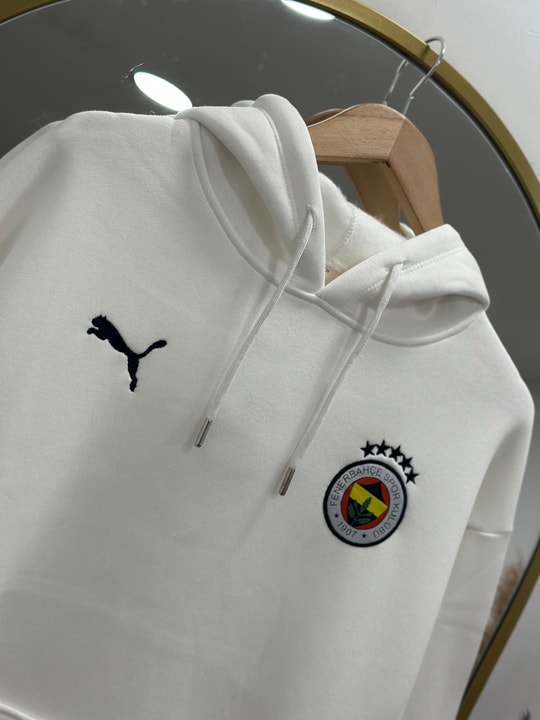 Fenerbahçe Logolu Üç İp Kapşonlu Sweat-CI1523 Beyaz