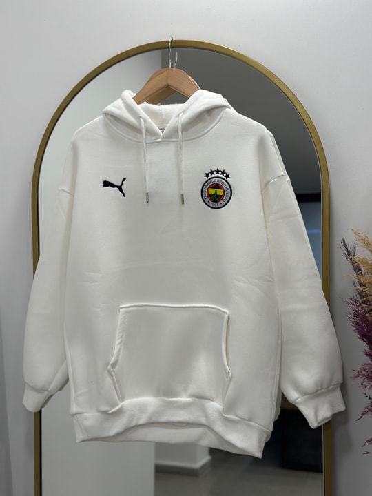 Fenerbahçe Logolu Üç İp Kapşonlu Sweat-CI1523 Beyaz