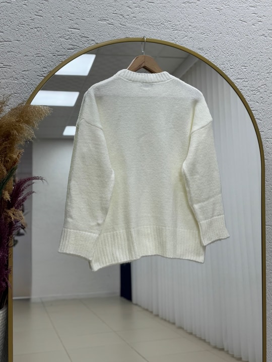 Ferera Kol Ucu Ve Altı Fitilli Örme Triko Kazak-Zİ6213 Beyaz