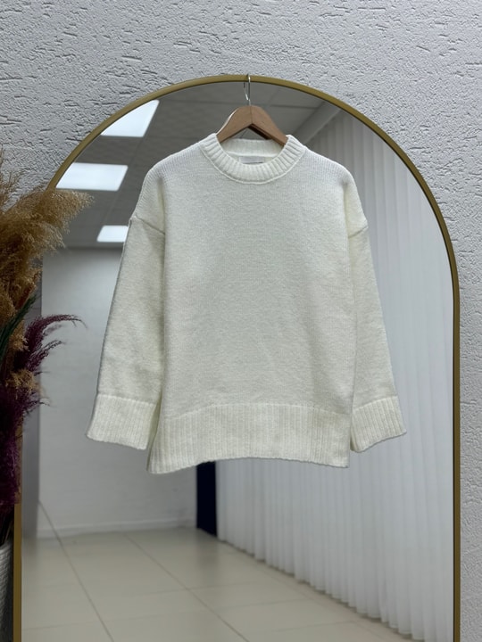 Ferera Kol Ucu Ve Altı Fitilli Örme Triko Kazak-Zİ6213 Beyaz