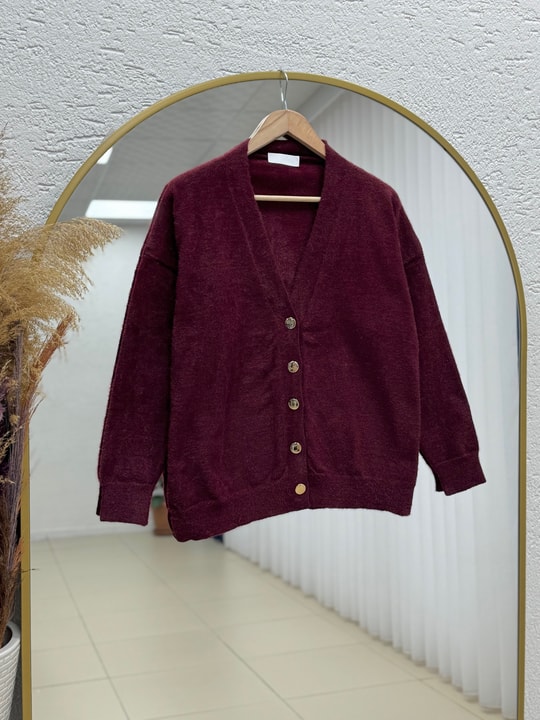 Feronia Gold Düğmeli Tüylü Peluş Hırka-Zİ5250 Bordo